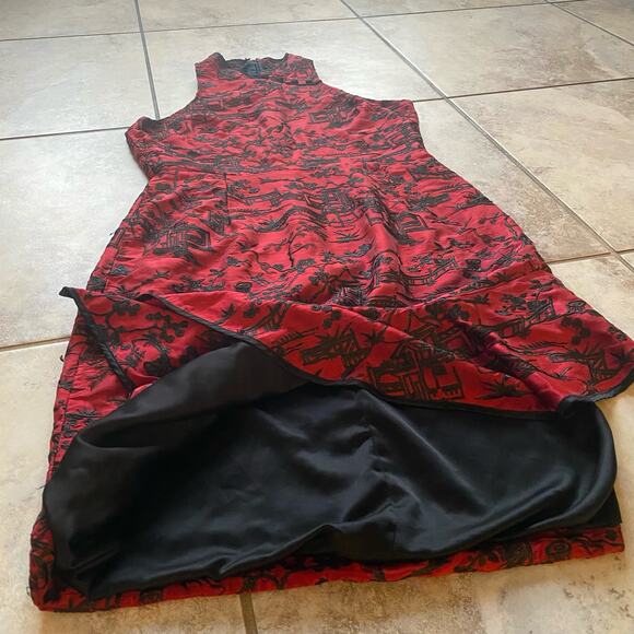 Josie Natori size 10 Silk Pagoda Embroidered Red Black Cheongsam Cocktail Dress - Picture 15 of 15